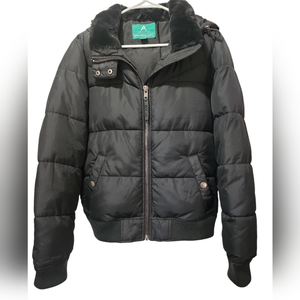 Aeropostale remix med woman or child puffer hood coat fur collar zip snap closur